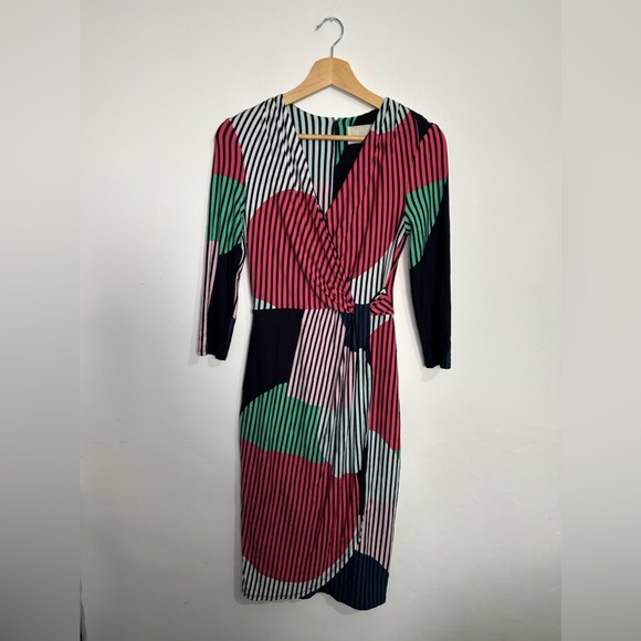 Phase Eight Size 8 Abstract Patterned Wrap Over Effect Dress Navy Blue - Picture 2 of 11